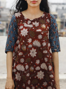 Brick Red Indigo Beige Hand Block Printed Cotton Asymmetric Dress.  D84F611