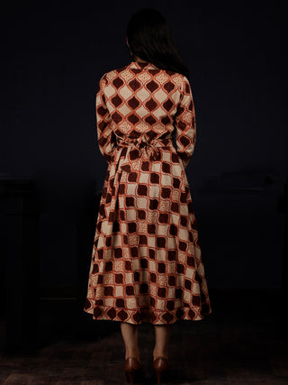 Brown Beige Orange Hand Block Printed Dress With Waist Belt - D229F1311