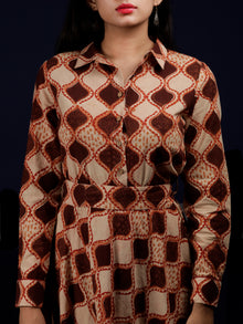 Brown Beige Orange Hand Block Printed Dress With Waist Belt - D229F1311