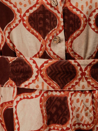 Brown Beige Orange Hand Block Printed Dress With Waist Belt - D229F1311