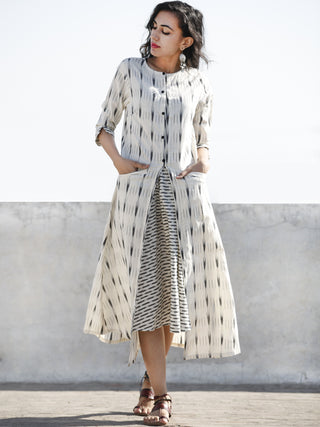Ivory Grey Front Open Hand Woven Ikat Cotton Dress With Pockets  - D197F812