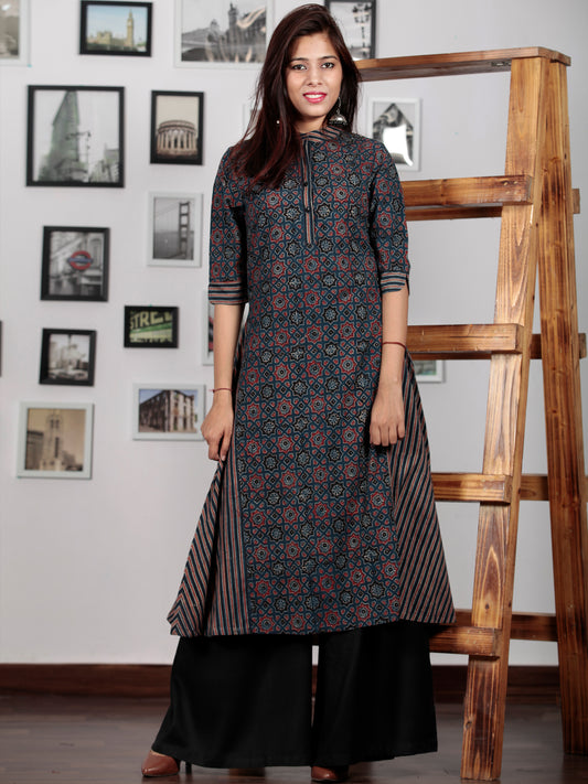 Indigo Red Black Hand Printed Ajrakh Kurta With Stand Collar - K48F1196