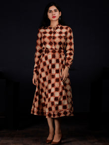 Brown Beige Orange Hand Block Printed Dress With Waist Belt - D229F1311
