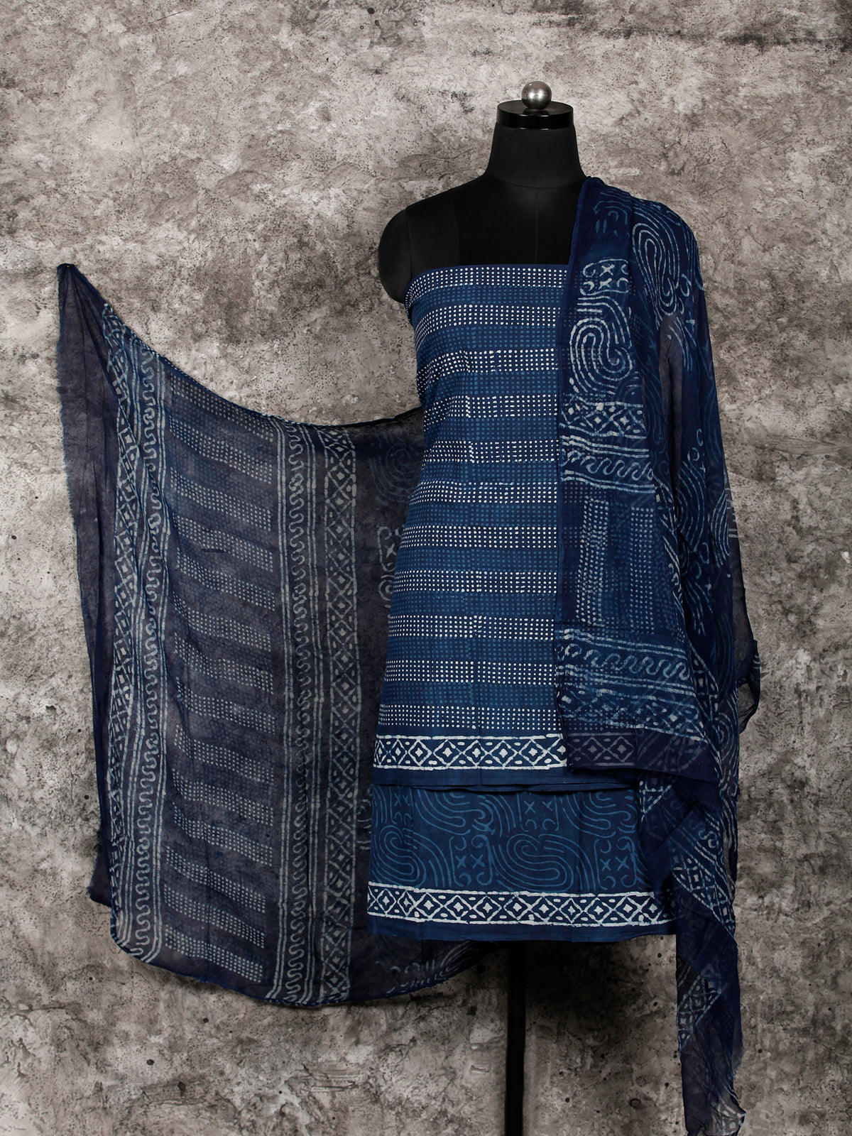 Indigo Ivory Coral Hand Block Printed Cotton Suit-Salwar Fabric With Chiffon Dupatta (Set of 3) - SU01HB343