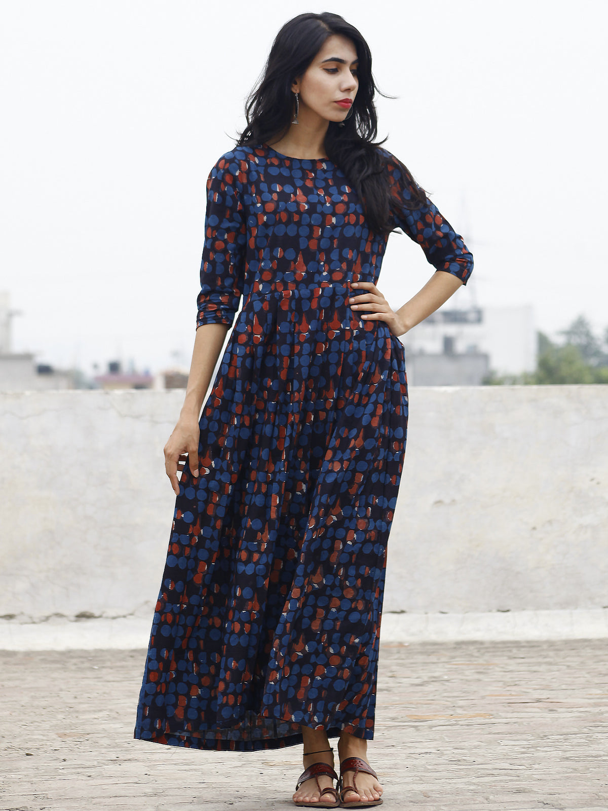 Indigo Rust White Long Hand Block Printed Cotton Dress With Knife Pleats & Side Pockets  -  D85F590