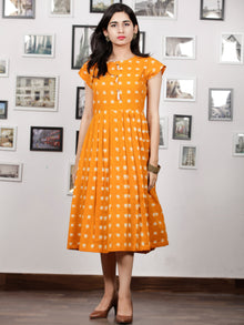 Mustard Ivory Handwoven Double Ikat Pleated Dress With Side Pockets & Tassels - D65F1019
