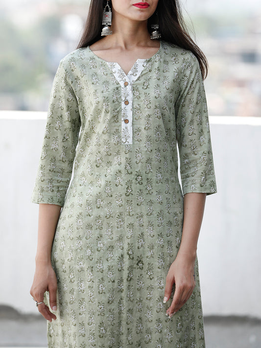 Fern Green White Cotton Hand Block Printed Kurta & Pants - Set of 2 - SS01F1945