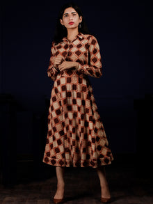 Brown Beige Orange Hand Block Printed Dress With Waist Belt - D229F1311