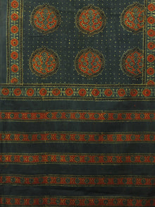 Dark Green Maroon Black Mughal Nakashi Ajrakh Hand Block Printed Cotton Stole - S63170129