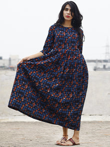 Indigo Rust White Long Hand Block Printed Cotton Dress With Knife Pleats & Side Pockets  -  D85F590