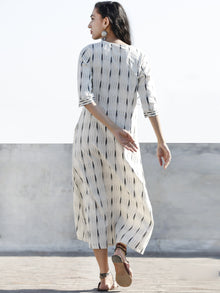 Ivory Grey Front Open Hand Woven Ikat Cotton Dress With Pockets  - D197F812