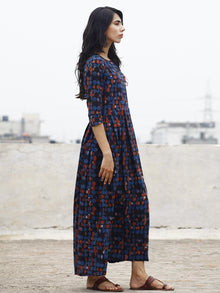 Indigo Rust White Long Hand Block Printed Cotton Dress With Knife Pleats & Side Pockets  -  D85F590