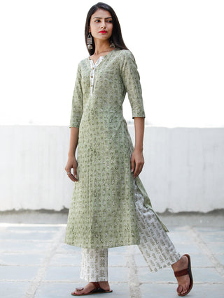 Fern Green White Cotton Hand Block Printed Kurta & Pants - Set of 2 - SS01F1945