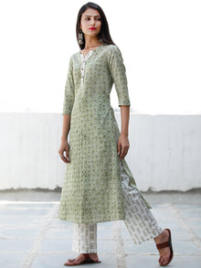 Fern Green White Cotton Hand Block Printed Kurta & Pants - Set of 2 - SS01F1945