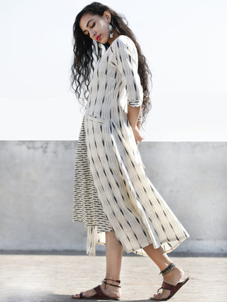 Ivory Grey Front Open Hand Woven Ikat Cotton Dress With Pockets  - D197F812