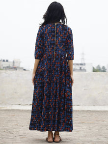 Indigo Rust White Long Hand Block Printed Cotton Dress With Knife Pleats & Side Pockets  -  D85F590