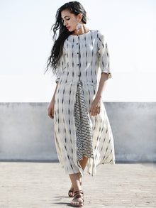 Ivory Grey Front Open Hand Woven Ikat Cotton Dress With Pockets  - D197F812