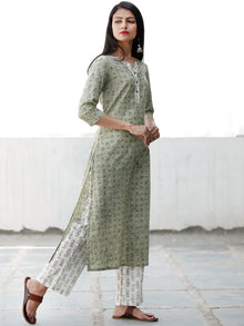 Fern Green White Cotton Hand Block Printed Kurta & Pants - Set of 2 - SS01F1945