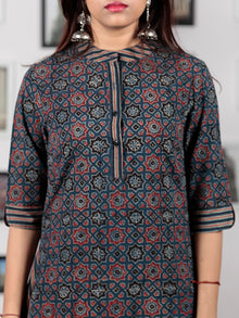 Indigo Red Black Hand Printed Ajrakh Kurta With Stand Collar - K48F1196