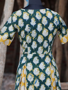 Hunter Green Yellow Ivory Hand Block Printed Cotton Long Dress With Inverted Pleates - D228F1142
