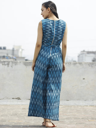 Blue Ivory Handloom Ikat Cotton Jumpsuit With Back Zip -  D112F947