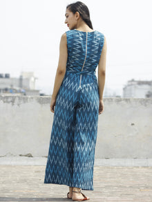 Blue Ivory Handloom Ikat Cotton Jumpsuit With Back Zip -  D112F947