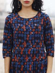 Indigo Rust White Long Hand Block Printed Cotton Dress With Knife Pleats & Side Pockets  -  D85F590