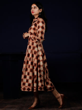 Brown Beige Orange Hand Block Printed Dress With Waist Belt - D229F1311