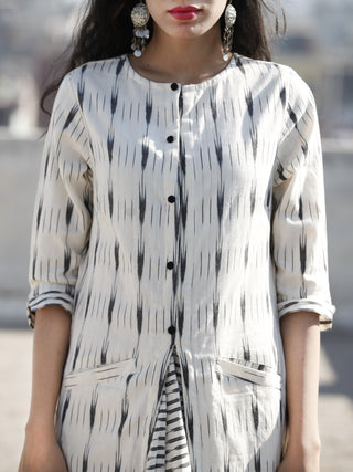 Ivory Grey Front Open Hand Woven Ikat Cotton Dress With Pockets  - D197F812