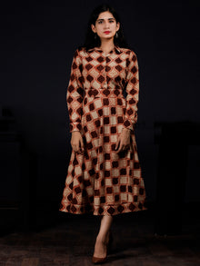 Brown Beige Orange Hand Block Printed Dress With Waist Belt - D229F1311