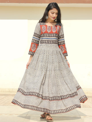Naaz Haima - Hand Block Printed Long Cotton Pleated Flare Dress - DS68F002