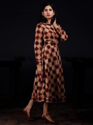 Brown Beige Orange Hand Block Printed Dress With Waist Belt - D229F1311