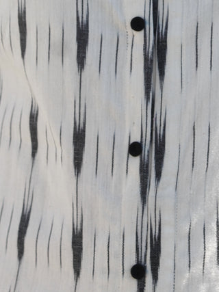 Ivory Grey Front Open Hand Woven Ikat Cotton Dress With Pockets  - D197F812