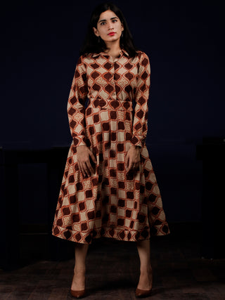 Brown Beige Orange Hand Block Printed Dress With Waist Belt - D229F1311