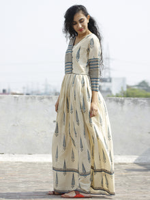 Naaz Aaira - Beige Teal Blue Black Hand Block Printed Long Cotton Angrakha Dress with Gathers & Lining- DS11F003