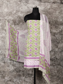 White Green Lavender Hand Block Printed Cotton Suit-Salwar Fabric With Chiffon Dupatta (Set of 3) - SU01HB344