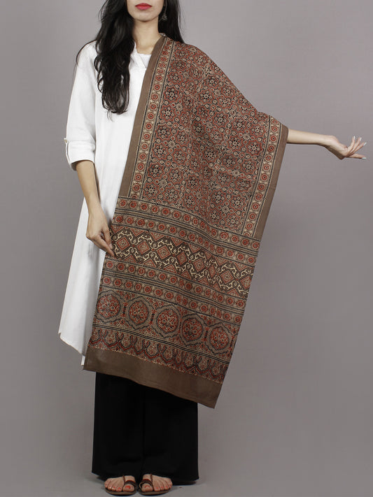 Brown Beige Maroon Black Mughal Nakashi Ajrakh Hand Block Printed Cotton Stole - S63170130