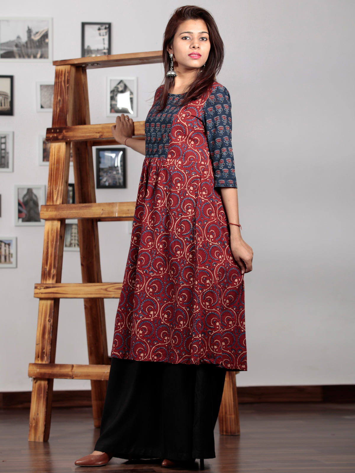 Maroon Indigo Beige Hand Printed Ajrakh Kurta With Stand Collar - K71BP0111