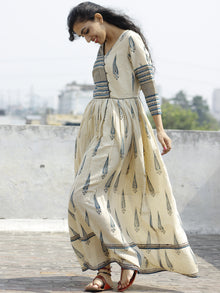 Naaz Aaira - Beige Teal Blue Black Hand Block Printed Long Cotton Angrakha Dress with Gathers & Lining- DS11F003
