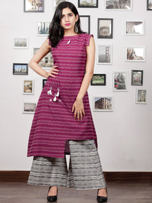 Purple Ivory White Handloom Mercerised Ikat Kurta & Culottes Dress With Embroidered Details (Set of 2) - D292F1562