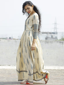 Naaz Aaira - Beige Teal Blue Black Hand Block Printed Long Cotton Angrakha Dress with Gathers & Lining- DS11F003