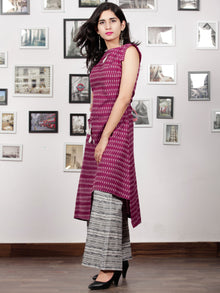 Purple Ivory White Handloom Mercerised Ikat Kurta & Culottes Dress With Embroidered Details (Set of 2) - D292F1562