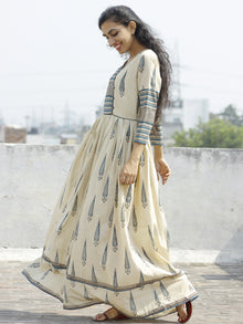 Naaz Aaira - Beige Teal Blue Black Hand Block Printed Long Cotton Angrakha Dress with Gathers & Lining- DS11F003