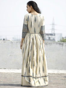 Naaz Aaira - Beige Teal Blue Black Hand Block Printed Long Cotton Angrakha Dress with Gathers & Lining- DS11F003