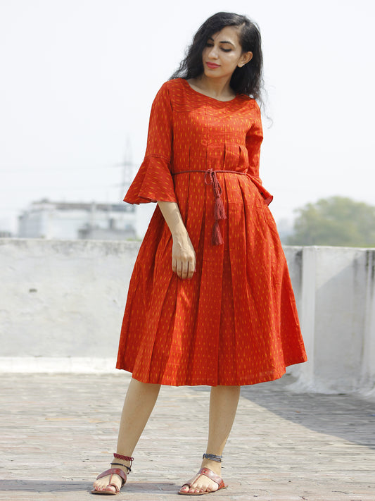 Red Orange Ikat Dress With Box Pleats & Side Pockets -  D113F958