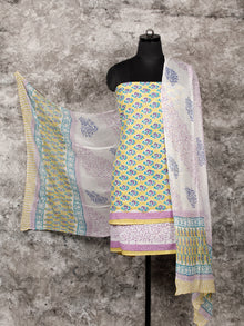 Yellow Purple Green Blue Hand Block Printed Cotton Suit-Salwar Fabric With Chiffon Dupatta (Set of 3) - SU01HB345