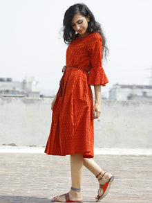 Red Orange Ikat Dress With Box Pleats & Side Pockets -  D113F958