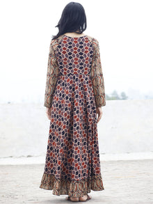 Kashish Maroon Black Beige Ajrakh Block Printed Long Cotton Dress With Gathers  -  D06F849