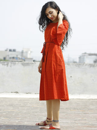 Red Orange Ikat Dress With Box Pleats & Side Pockets -  D113F958