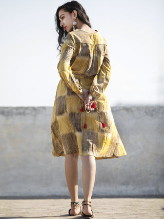 Mustard Yellow Brown Hand Brush Painted Cotton  Dress With Tassels and PinTuck Details- D198F1088
